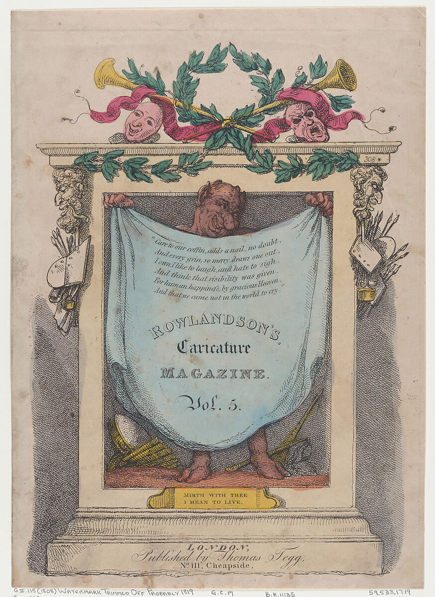 Title Page, Rowlandson's Caricature Magazine, Vol. 5, Thomas Rowlandson (British, London 1757–1827 London), Hand-colored etching 