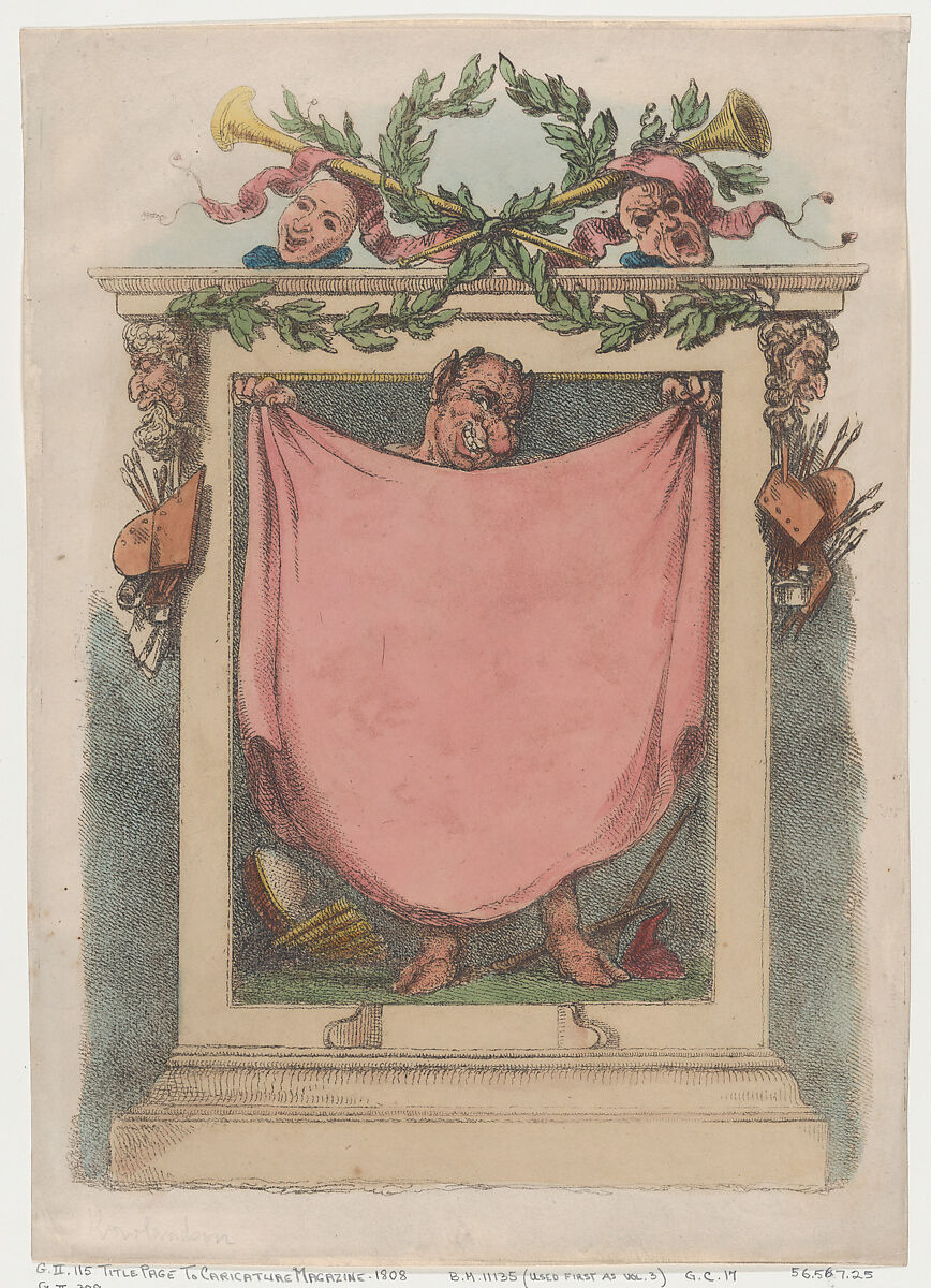 Title Page, Rowlandson's Caricature Magazine, Thomas Rowlandson (British, London 1757–1827 London), Hand-colored etching; proof before letters 