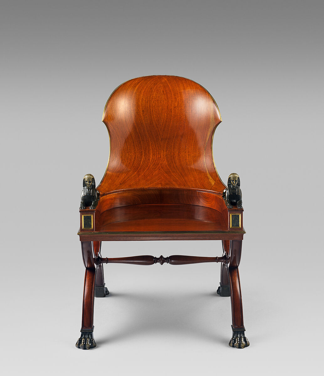 Sphinx Chair, Mahogany, with painted simulated marble panels, lacquered brass mouldings, mounted with bronze sphinxes and paw feet, French