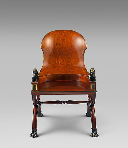 Sphinx Chair, Mahogany, with painted simulated marble panels, lacquered brass mouldings, mounted with bronze sphinxes and paw feet, French