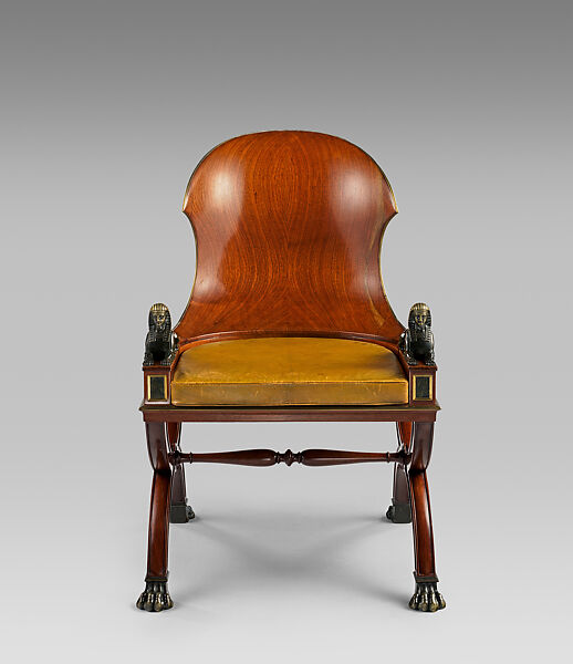 Sphinx Chair, Mahogany, with painted simulated marble panels, lacquered brass mouldings, mounted with bronze sphinxes and paw feet, French