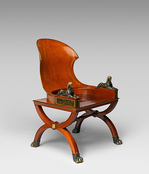 Sphinx Chair, Mahogany, with painted simulated marble panels, lacquered brass mouldings, mounted with bronze sphinxes and paw feet, French