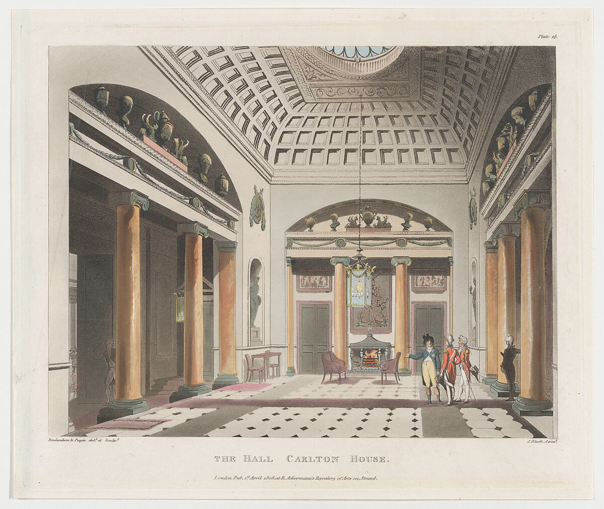 The Hall Carlton House, Designed and etched by Thomas Rowlandson (British, London 1757–1827 London), Hand-colored etching and aquatint 