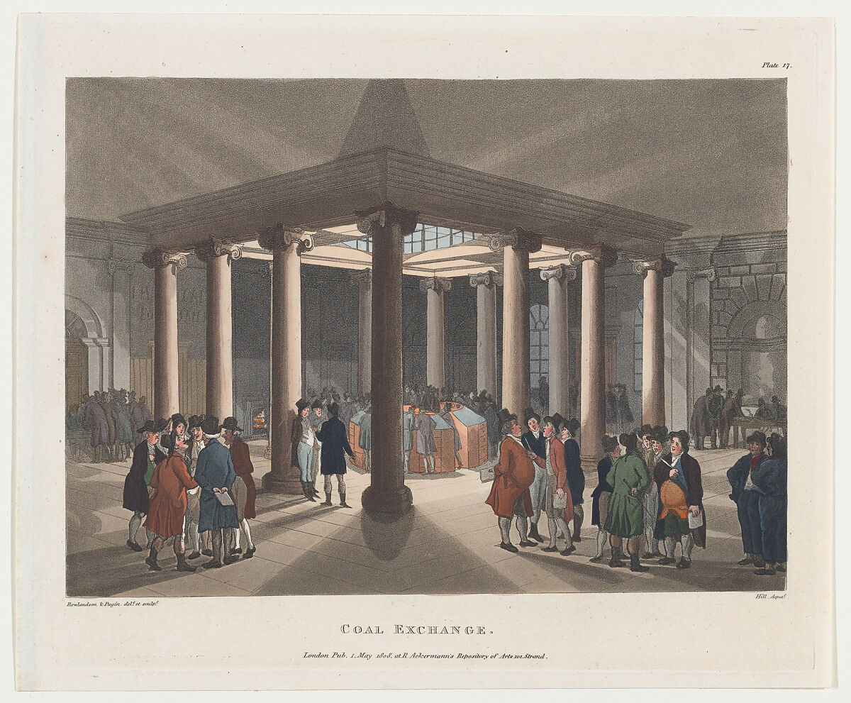 Coal Exchange, Designed and etched by Thomas Rowlandson (British, London 1757–1827 London), Hand-colored etching and aquatint 