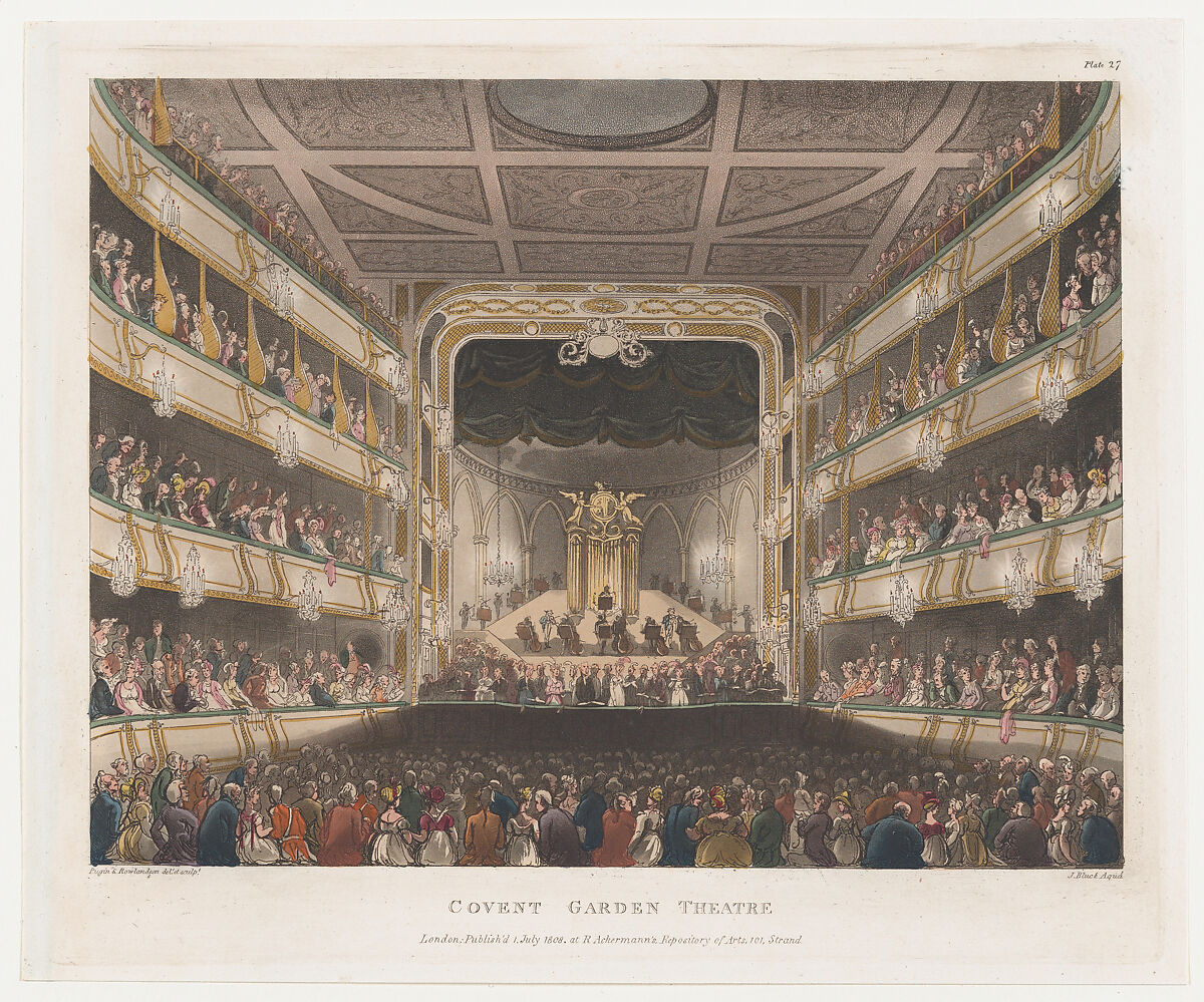 Covent Garden Theatre, Designed and etched by Thomas Rowlandson (British, London 1757–1827 London), Hand-colored etching and aquatint 