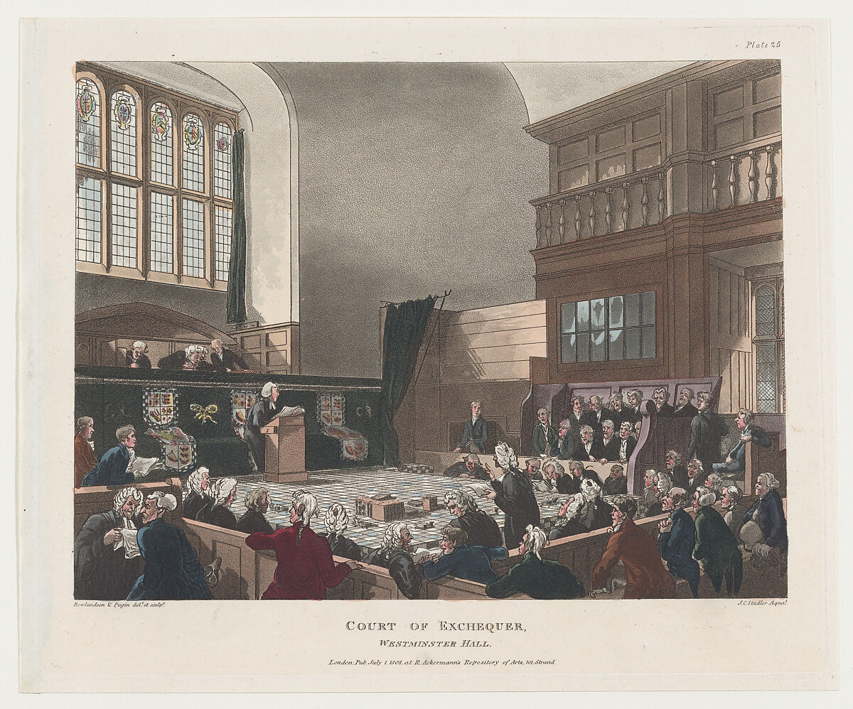 Court of Exchequer, Westminster Hall, Designed and etched by Thomas Rowlandson (British, London 1757–1827 London), Hand-colored etching and aquatint 