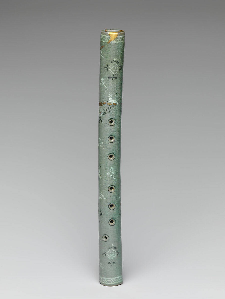 Vertical flute decorated with chrysanthemums, cranes, and clouds, Stoneware with inlaid design under celadon glaze, Korea 