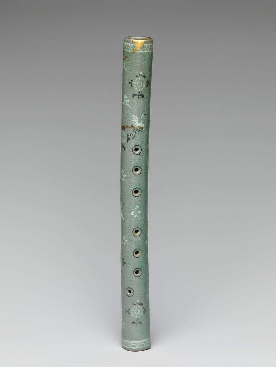 Vertical flute decorated with chrysanthemums, cranes, and clouds

, Stoneware with inlaid design under celadon glaze, Korea