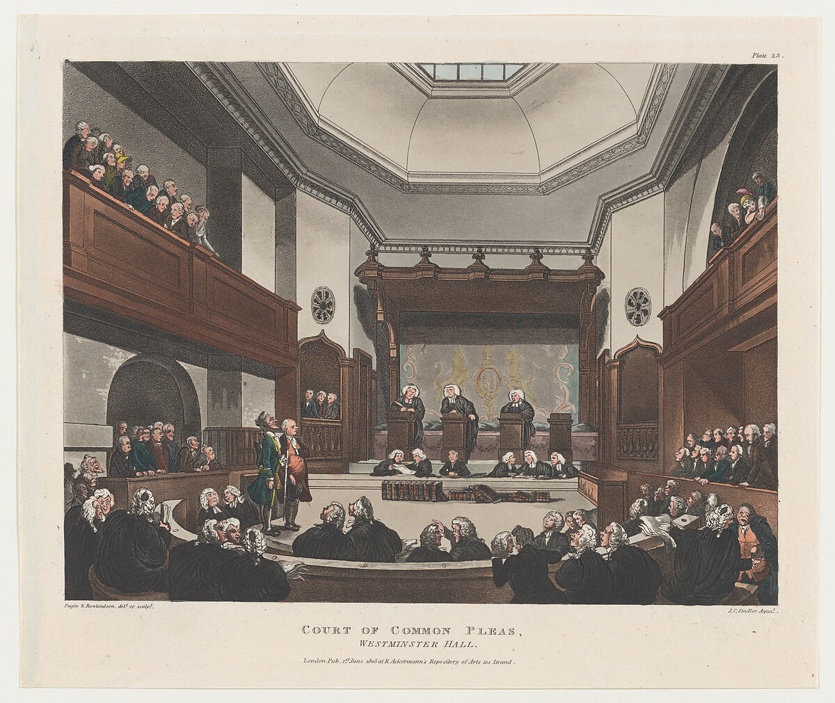 Court of Common Pleas, Westminster Hall, Designed and etched by Thomas Rowlandson (British, London 1757–1827 London), Hand-colored etching and aquatint 