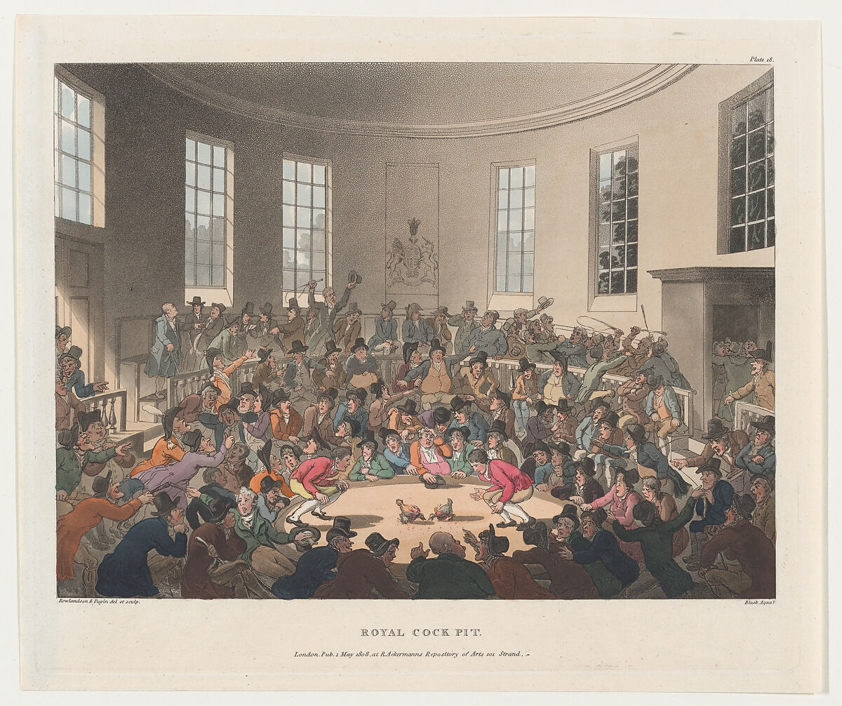 Royal Cockpit, Designed and etched by Thomas Rowlandson (British, London 1757–1827 London), Hand-colored etching and aquatint 
