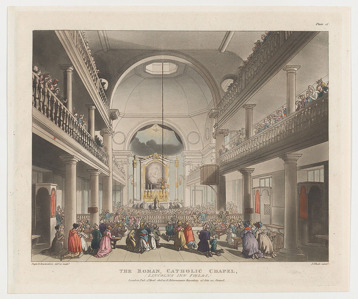 The Roman Catholic Chapel, Lincoln's Inn Fields, Designed and etched by Thomas Rowlandson (British, London 1757–1827 London), Hand-colored etching and aquatint 