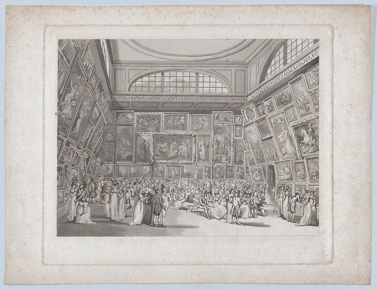 Exhibition Room, Somerset House, Designed and etched by Thomas Rowlandson (British, London 1757–1827 London), Etching and aquatint; proof before letters 
