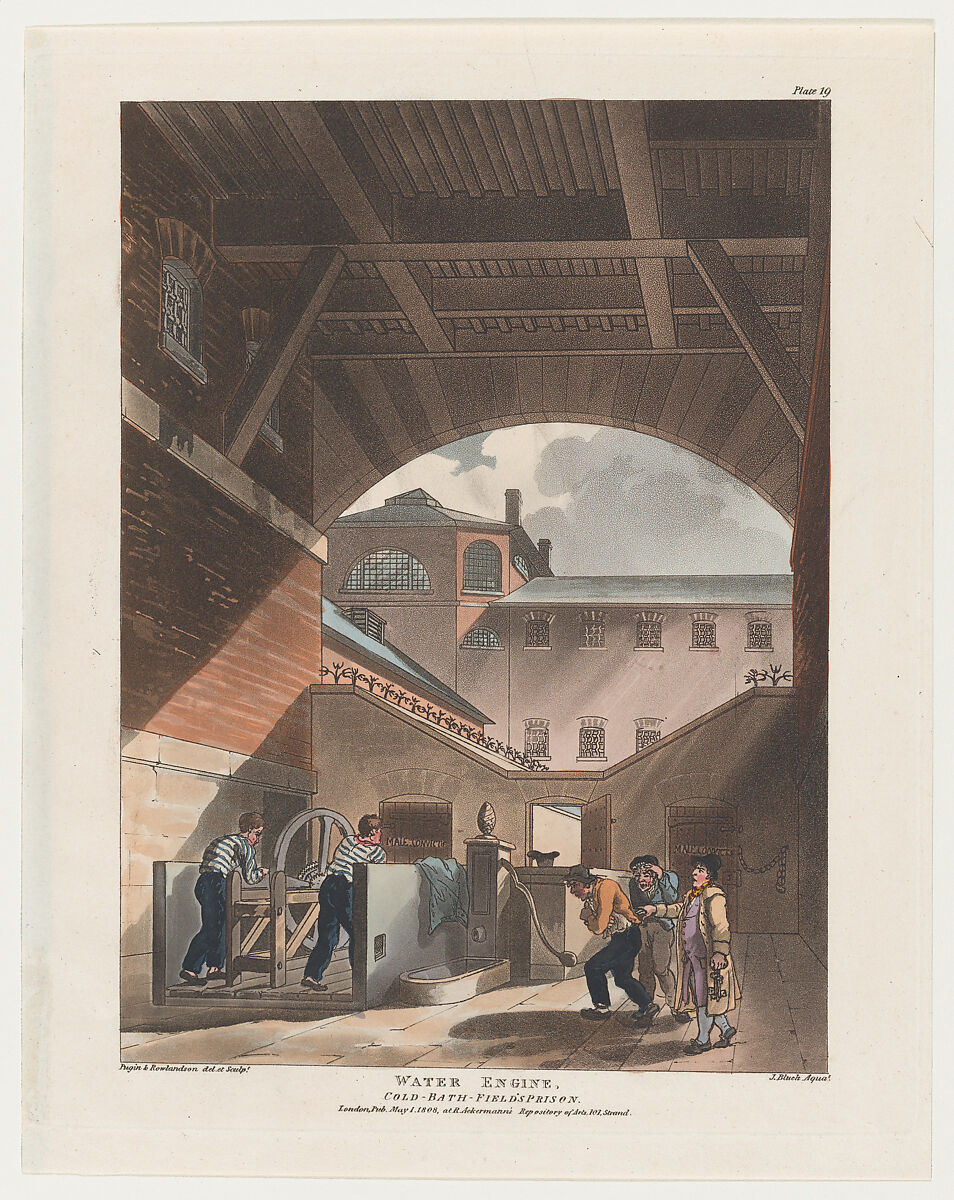Water Engine, Cold-Bath Field's Prison, Designed and etched by Thomas Rowlandson (British, London 1757–1827 London), Hand-colored etching and aquatint 