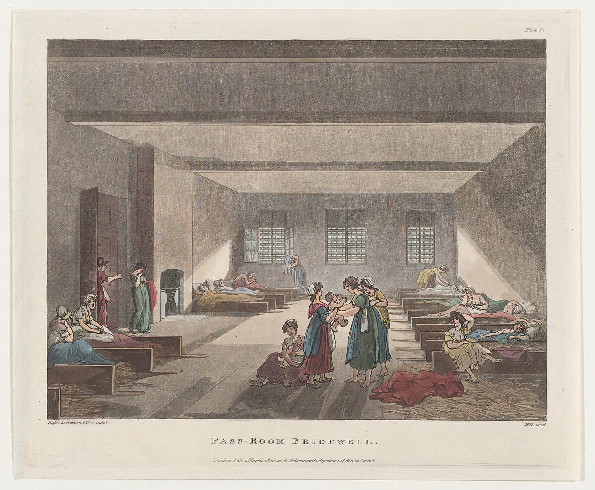 Pass-Room Bridewell, Designed and etched by Thomas Rowlandson (British, London 1757–1827 London), Hand-colored etching and aquatint 
