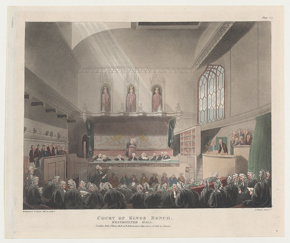 Court of Kings Bench, Westminster Hall, Designed and etched by Thomas Rowlandson (British, London 1757–1827 London), Hand-colored etching and aquatint 