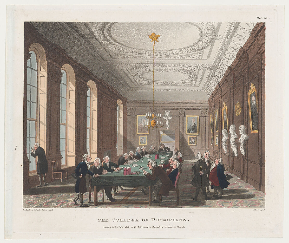 The College of Physicians, Designed and etched by Thomas Rowlandson (British, London 1757–1827 London), Hand-colored etching and aquatint 