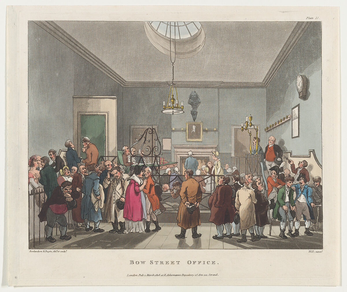 Bow Street Office, Designed and etched by Thomas Rowlandson (British, London 1757–1827 London), Hand-colored etching and aquatint 