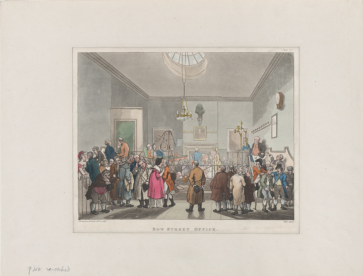 Bow Street Office, Designed and etched by Thomas Rowlandson (British, London 1757–1827 London), Hand-colored etching and aquatint 