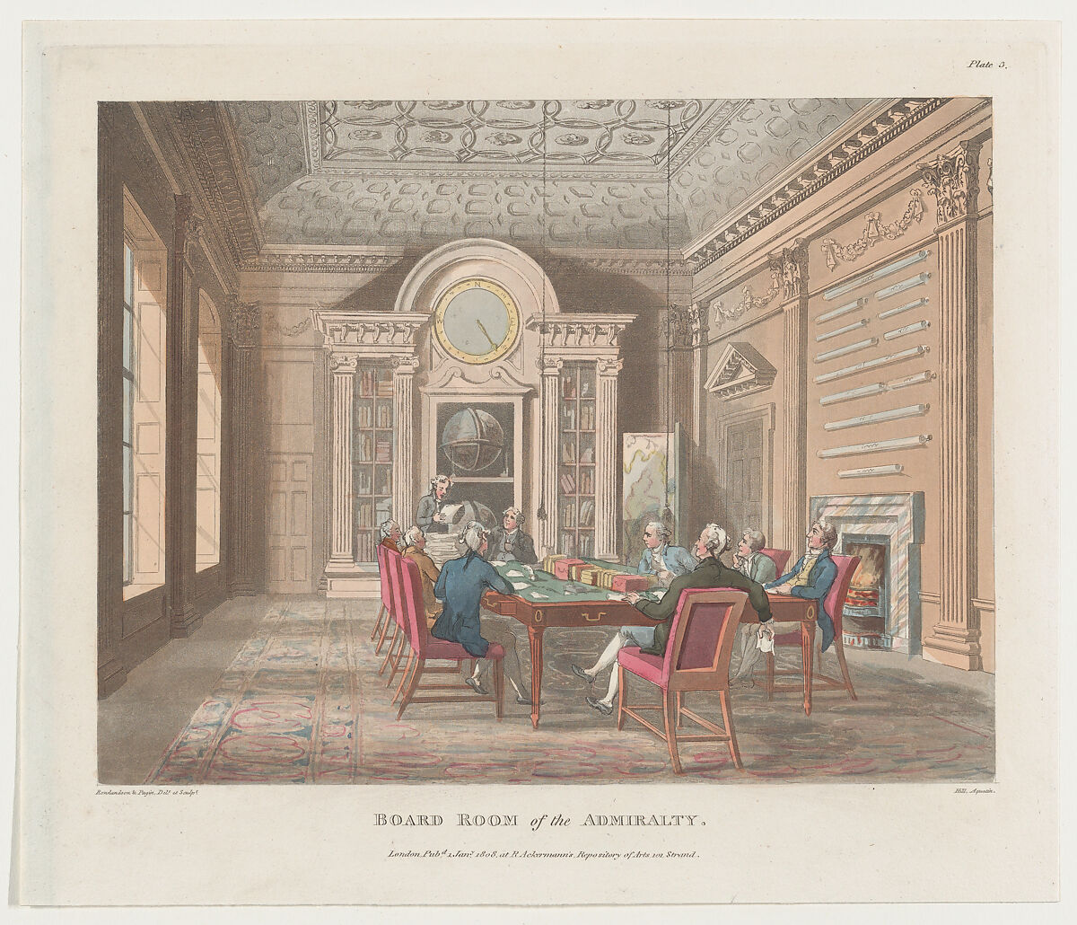Board Room of the Admiralty, Designed and etched by Thomas Rowlandson (British, London 1757–1827 London), Hand-colored etching and aquatint 
