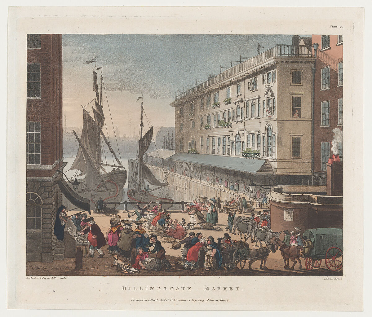 Billingsgate Market, Designed and etched by Thomas Rowlandson (British, London 1757–1827 London), Hand-colored etching and aquatint 