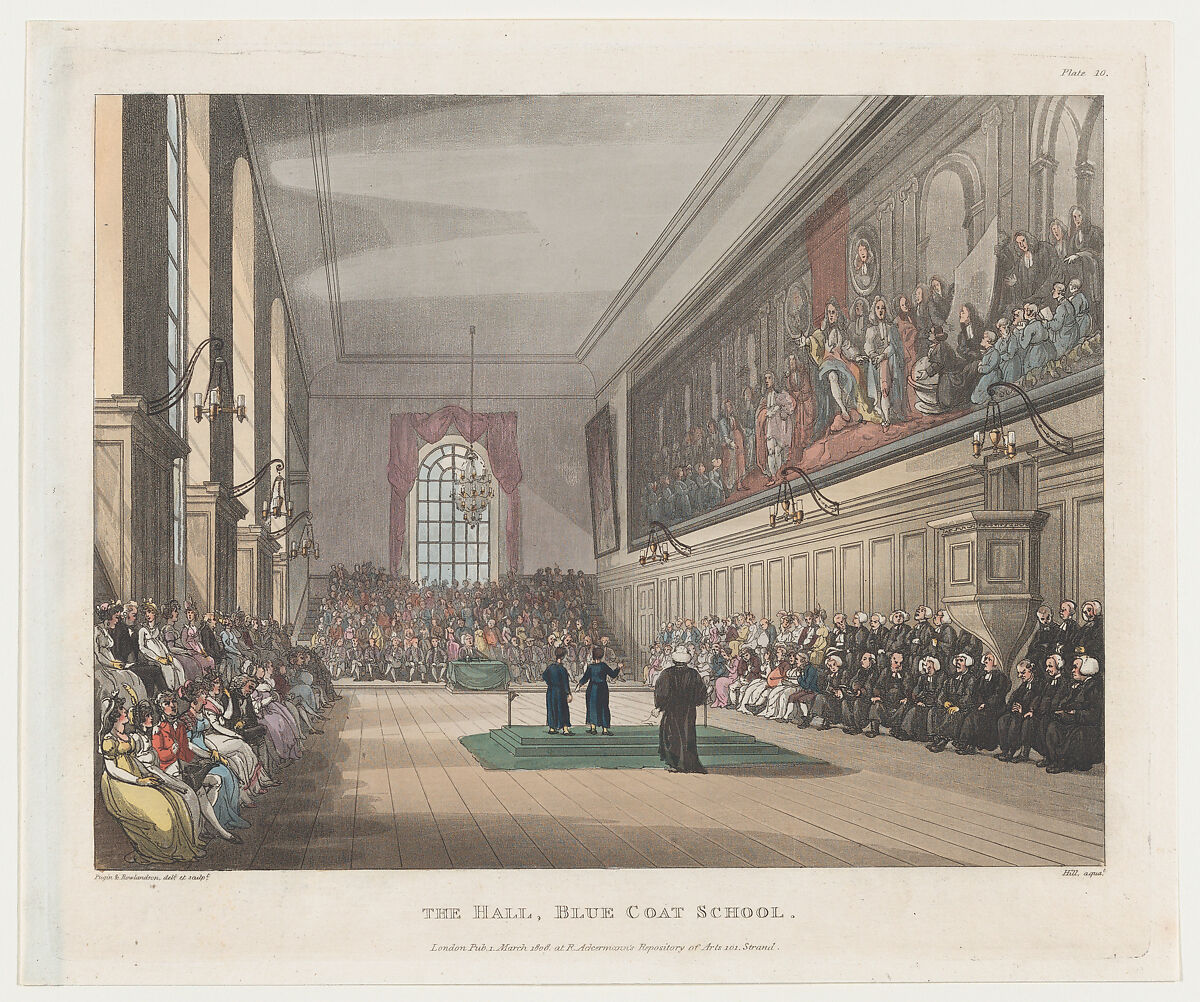 The Hall, Blue Coat School, Designed and etched by Thomas Rowlandson (British, London 1757–1827 London), Hand-colored etching and aquatint 