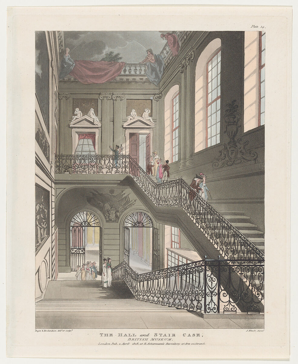 The Hall and Stair Case, British Museum, Designed and etched by Thomas Rowlandson (British, London 1757–1827 London), Hand-colored etching and aquatint 