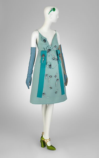 Ensemble, Prada (Italian, founded 1913), (a) viscose, nylon, polyester, elastane, glass, metal, (b, c) glass, metal (d, e) ostrich skin, lambskin, (f) plastic (acrylic), metal, (g, h) silk, leather, metal, Italian