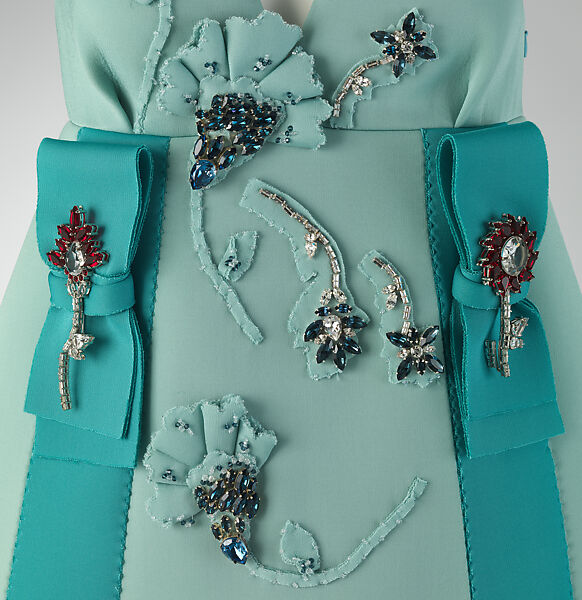 Ensemble, Prada (Italian, founded 1913), (a) viscose, nylon, polyester, elastane, glass, metal, (b, c) glass, metal (d, e) ostrich skin, lambskin, (f) plastic (acrylic), metal, (g, h) silk, leather, metal, Italian