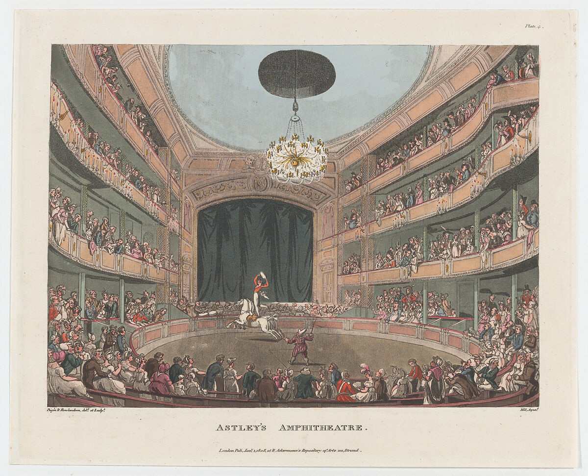 Astley's Amphitheatre, Designed and etched by Thomas Rowlandson (British, London 1757–1827 London), Hand-colored etching and aquatint 