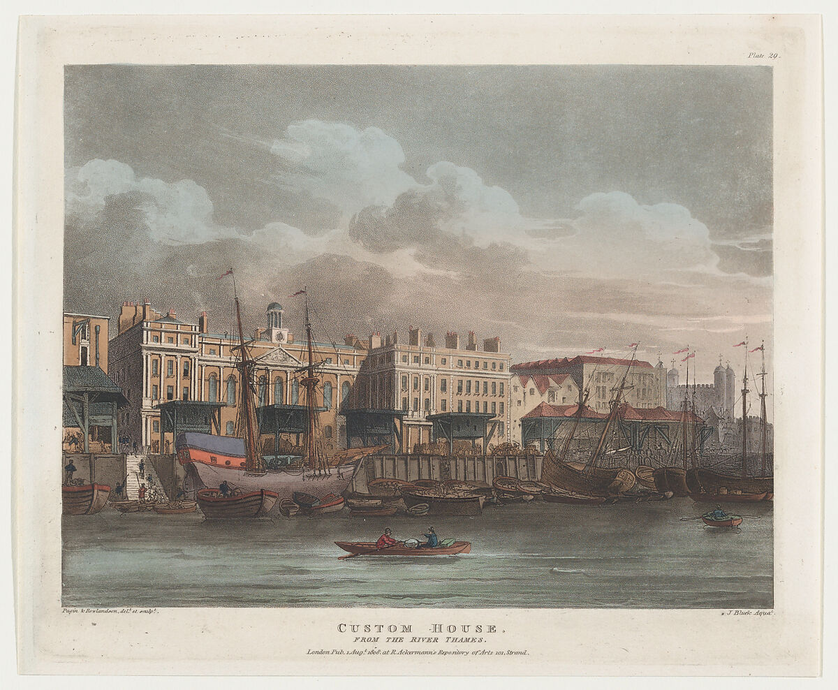 Custom House, Designed and etched by Thomas Rowlandson (British, London 1757–1827 London), Hand-colored etching and aquatint 