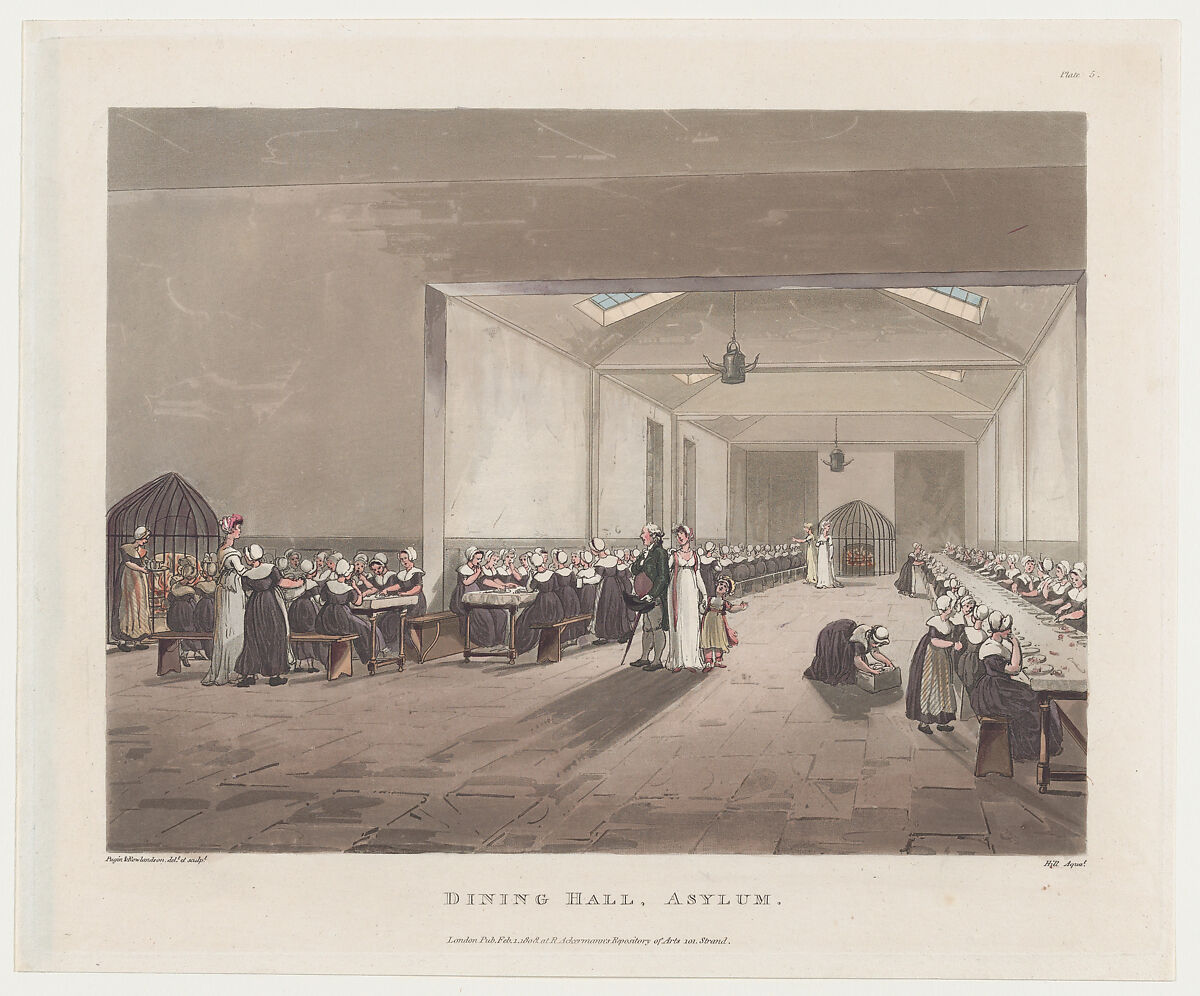 Dining Hall, Asylum, Designed and etched by Thomas Rowlandson (British, London 1757–1827 London), Hand-colored etching and aquatint 
