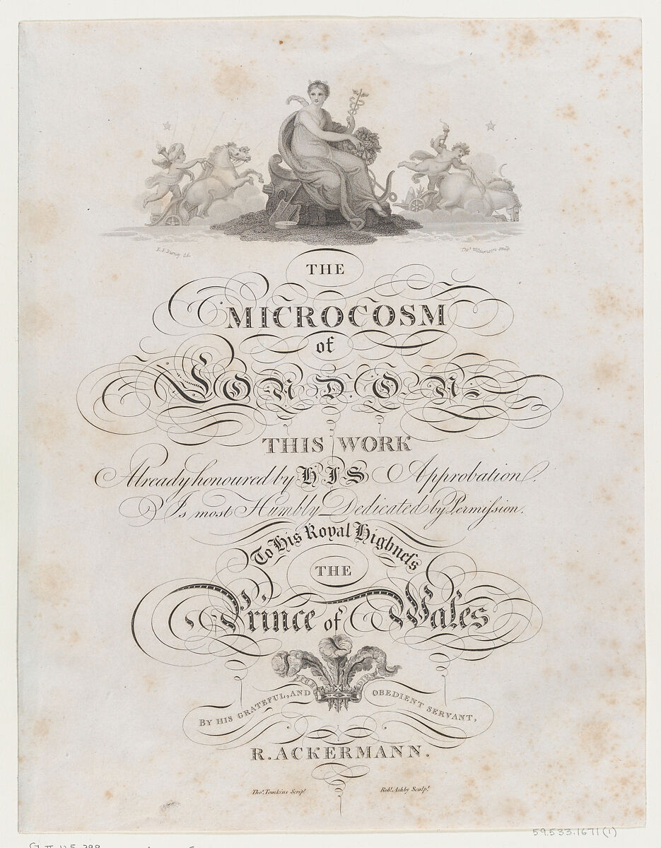 Title Page, The Microcosm of London, Designed by Thomas Tomkins (British, 1743–1816 London), Etching and aquatint 