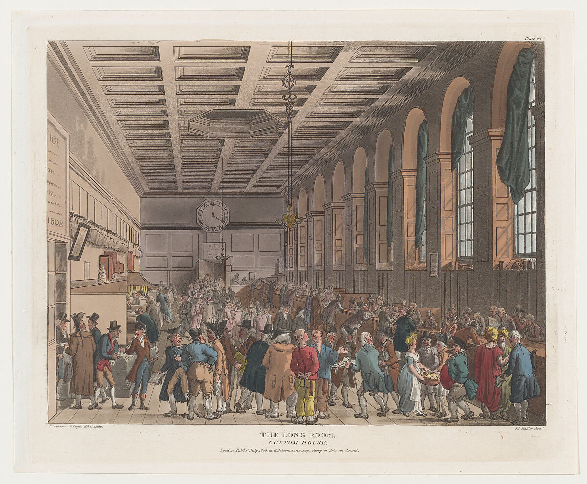 The Long Room, Custom House, Designed and etched by Thomas Rowlandson (British, London 1757–1827 London), Hand-colored etching and aquatint 