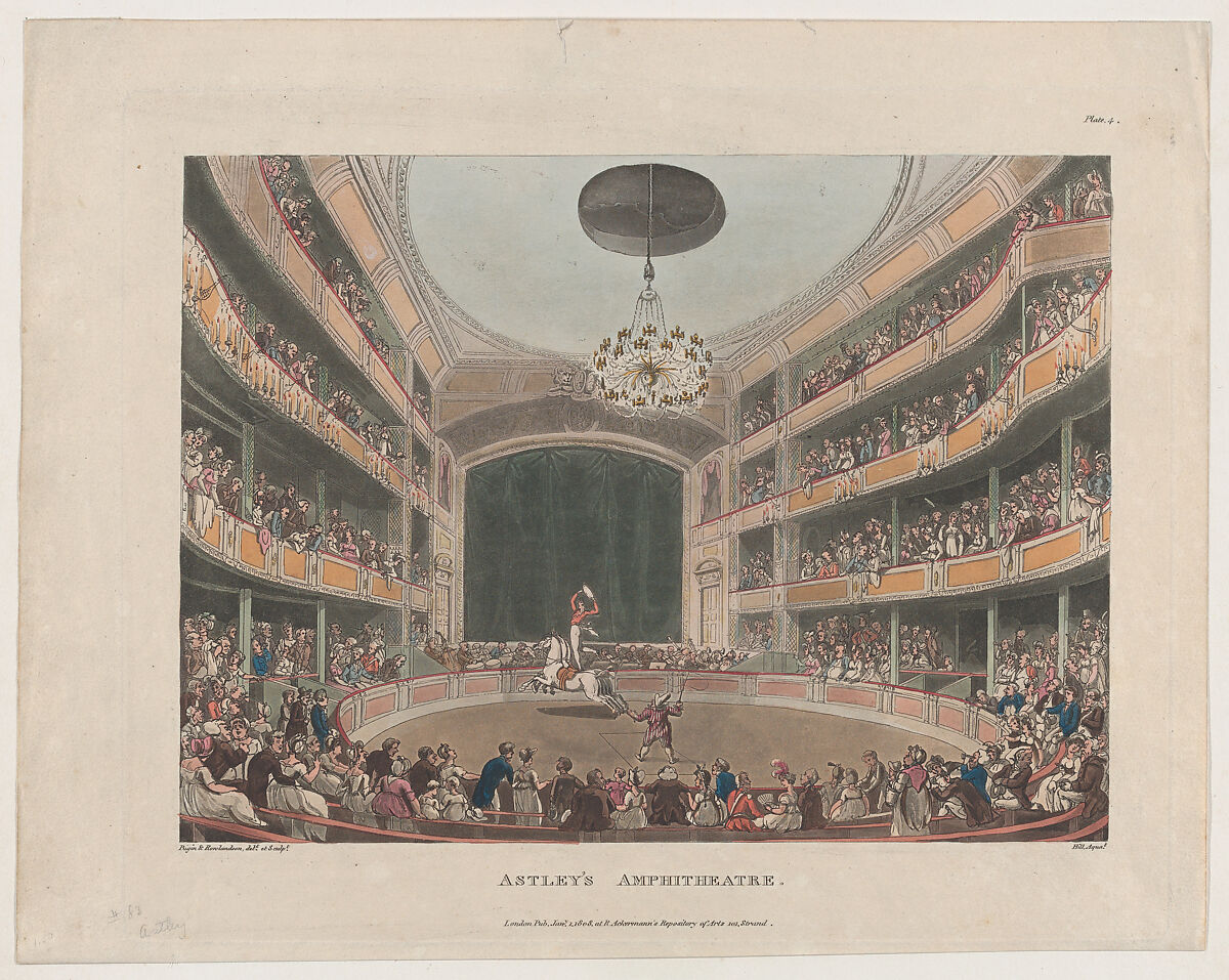 Astley's Amphitheatre, Designed and etched by Thomas Rowlandson (British, London 1757–1827 London), Hand-colored etching and aquatint 