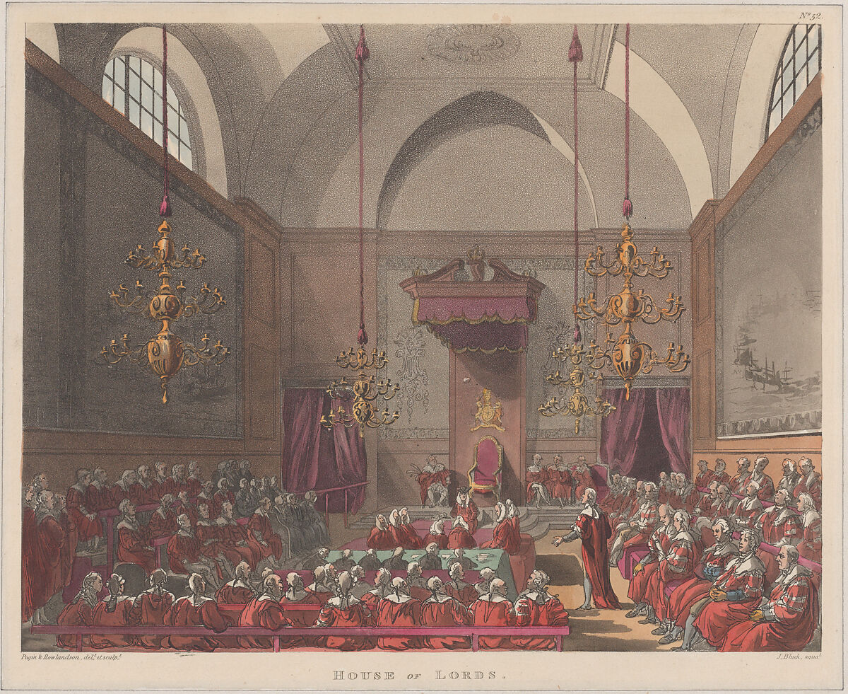 House of Lords, Designed and etched by Thomas Rowlandson (British, London 1757–1827 London), Hand-colored etching and aquatint 