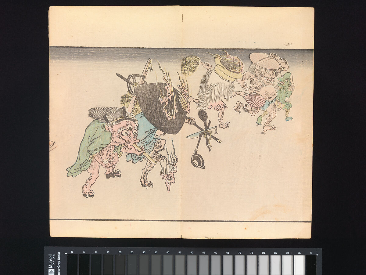 Kyōsai’s Pictures of One Hundred Demons, Kawanabe Kyōsai 河鍋暁斎 (Japanese, 1831–1889), Woodblock printed book (orihon, accordion-style binding); ink and color on paper, Japan