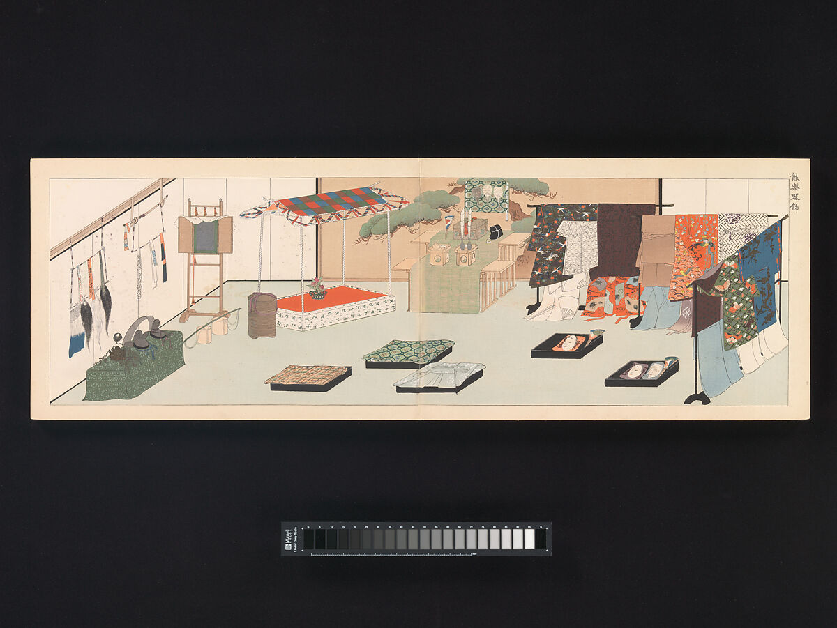 Sixteen Illustrations of Ancient Ceremonial Displays, Furuya Kōrin (Japanese, 1875–1910), Woodblock printed book (orihon, accordion-style binding), ink on paper, Japan