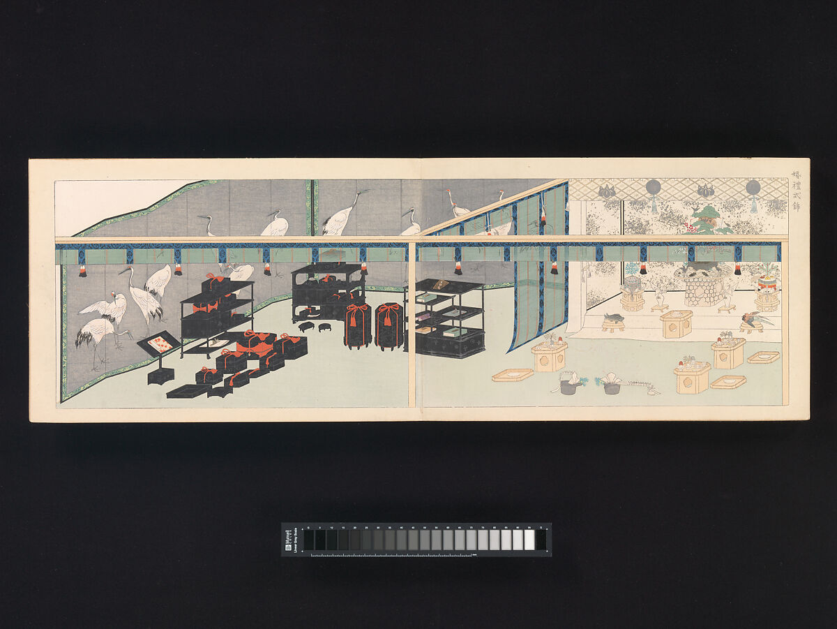 Sixteen Illustrations of Ancient Ceremonial Displays, Furuya Kōrin (Japanese, 1875–1910), Woodblock printed book (orihon, accordion-style binding), ink on paper, Japan