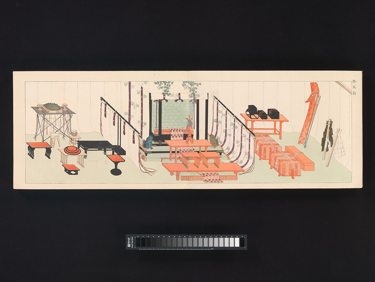 Sixteen Illustrations of Ancient Ceremonial Displays, Furuya Kōrin (Japanese, 1875–1910), Woodblock printed book (orihon, accordion-style binding), ink on paper, Japan 