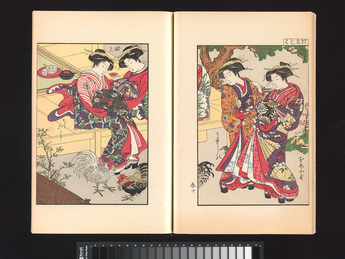 A Mirror of Yoshiwara Beauties, Katsukawa Shunshō 勝川春章 (Japanese, 1726–1792), Woodblock printed book (Japanese-style binding), ink and color on paper, Japan