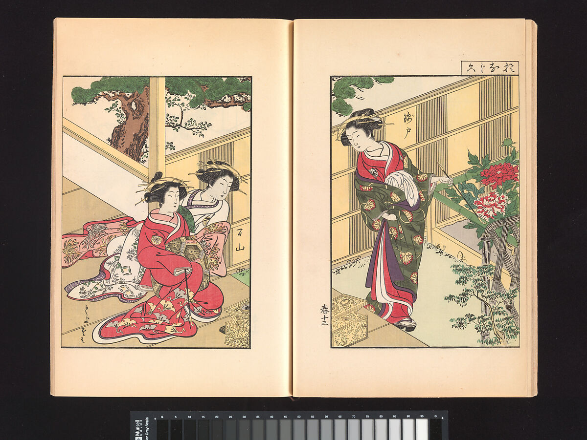 A Mirror of Yoshiwara Beauties, Katsukawa Shunshō 勝川春章 (Japanese, 1726–1792), Woodblock printed book (Japanese-style binding), ink and color on paper, Japan
