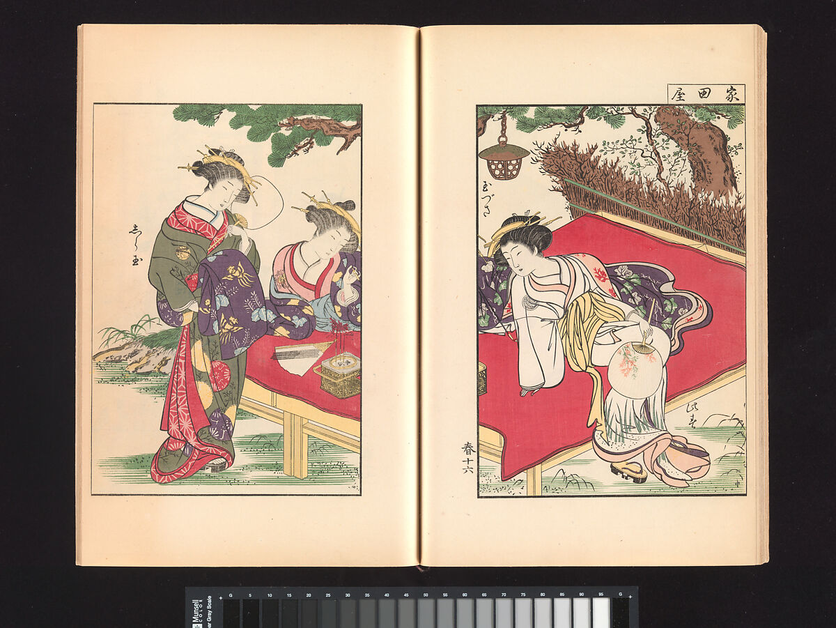 A Mirror of Yoshiwara Beauties, Katsukawa Shunshō 勝川春章 (Japanese, 1726–1792), Woodblock printed book (Japanese-style binding), ink and color on paper, Japan