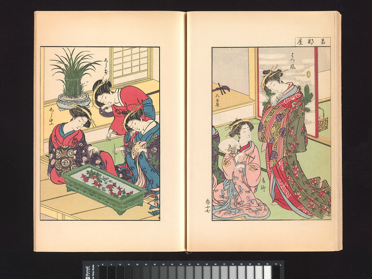 A Mirror of Yoshiwara Beauties, Katsukawa Shunshō 勝川春章 (Japanese, 1726–1792), Woodblock printed book (Japanese-style binding), ink and color on paper, Japan