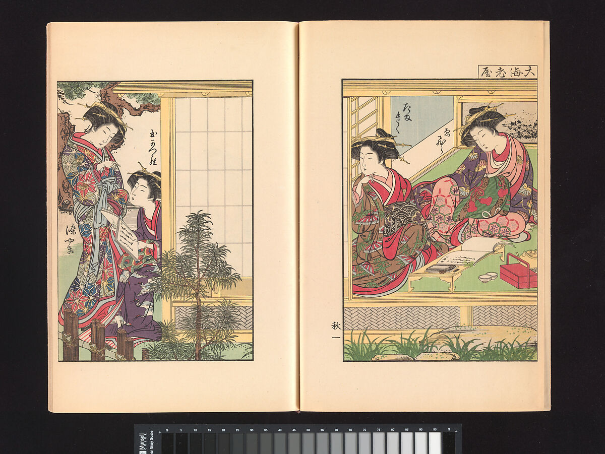 A Mirror of Yoshiwara Beauties, Katsukawa Shunshō 勝川春章 (Japanese, 1726–1792), Woodblock printed book (Japanese-style binding), ink and color on paper, Japan