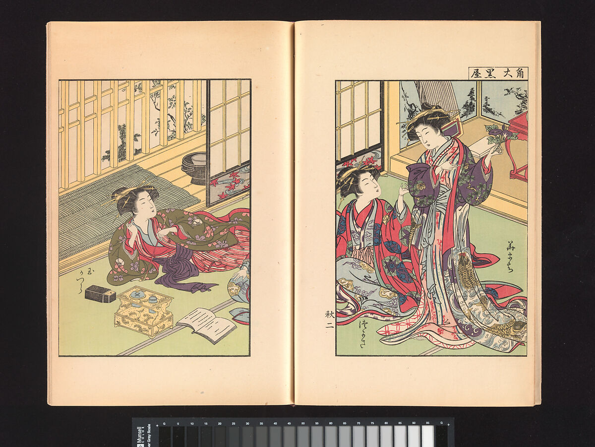 A Mirror of Yoshiwara Beauties, Katsukawa Shunshō 勝川春章 (Japanese, 1726–1792), Woodblock printed book (Japanese-style binding), ink and color on paper, Japan
