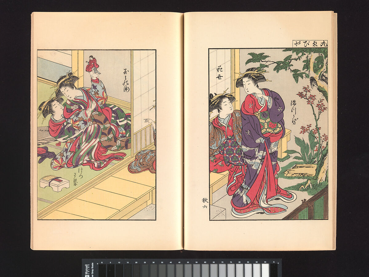 A Mirror of Yoshiwara Beauties, Katsukawa Shunshō 勝川春章 (Japanese, 1726–1792), Woodblock printed book (Japanese-style binding), ink and color on paper, Japan