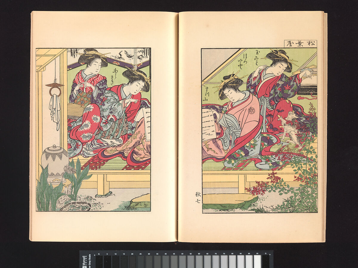 A Mirror of Yoshiwara Beauties, Katsukawa Shunshō 勝川春章 (Japanese, 1726–1792), Woodblock printed book (Japanese-style binding), ink and color on paper, Japan