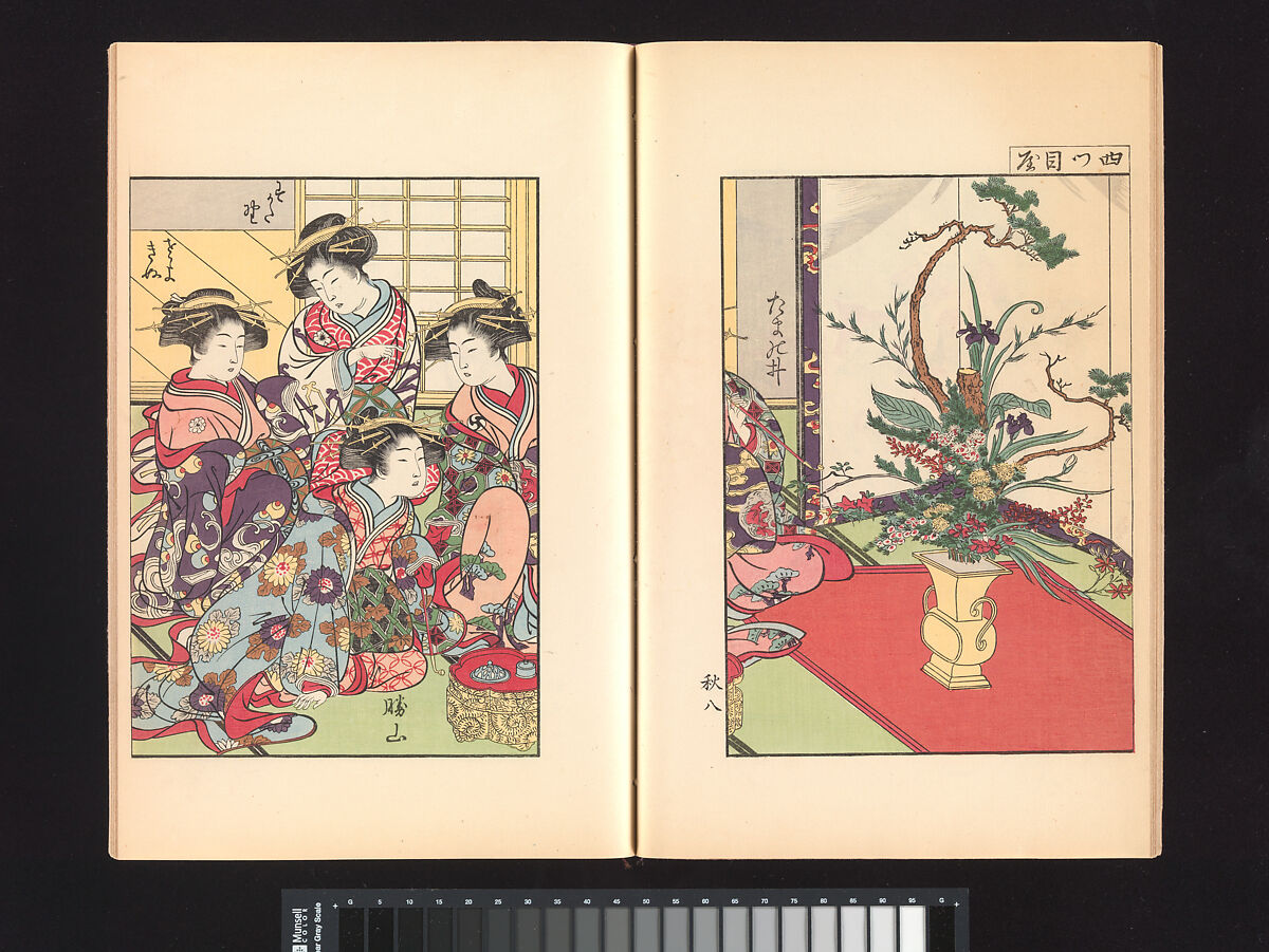 A Mirror of Yoshiwara Beauties, Katsukawa Shunshō 勝川春章 (Japanese, 1726–1792), Woodblock printed book (Japanese-style binding), ink and color on paper, Japan