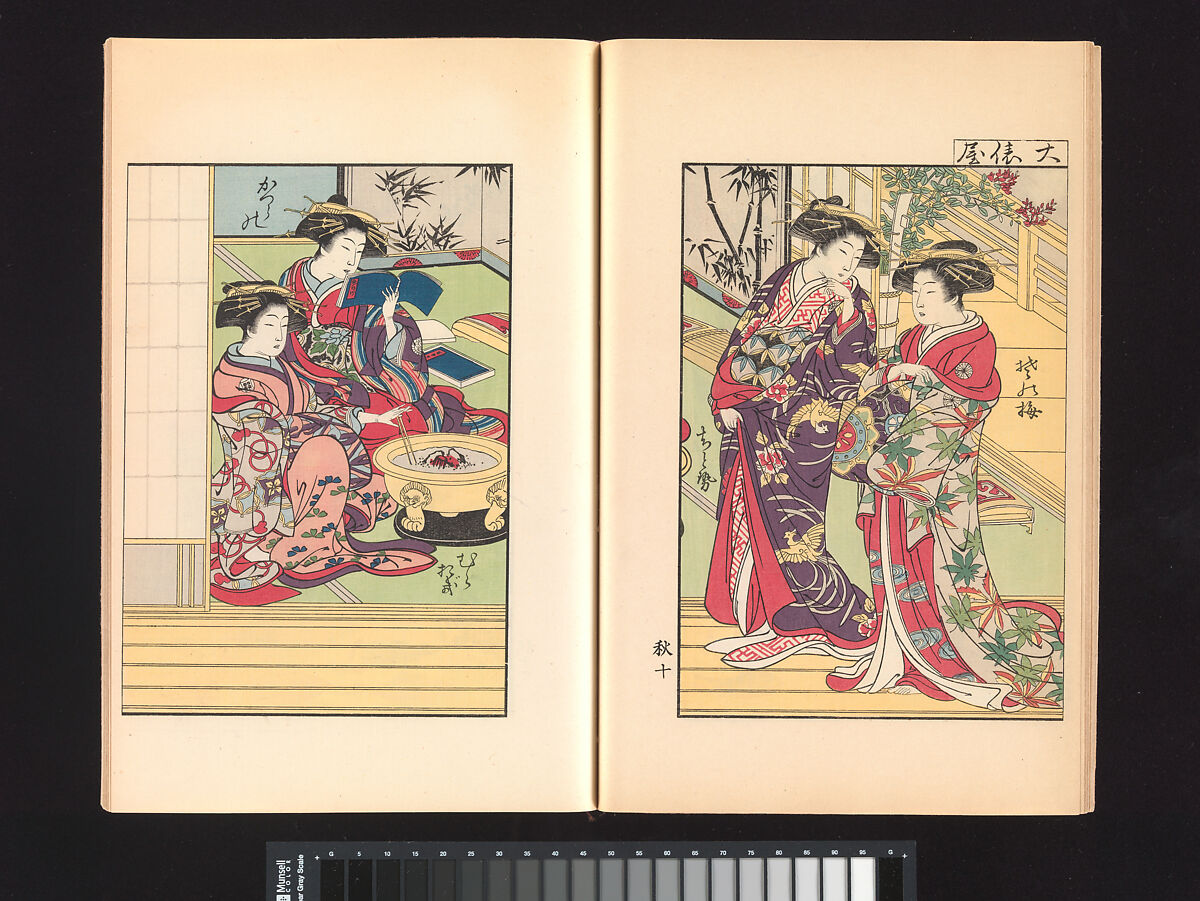 A Mirror of Yoshiwara Beauties, Katsukawa Shunshō 勝川春章 (Japanese, 1726–1792), Woodblock printed book (Japanese-style binding), ink and color on paper, Japan