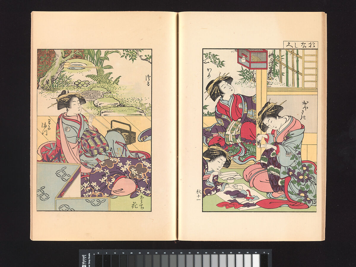 A Mirror of Yoshiwara Beauties, Katsukawa Shunshō 勝川春章 (Japanese, 1726–1792), Woodblock printed book (Japanese-style binding), ink and color on paper, Japan
